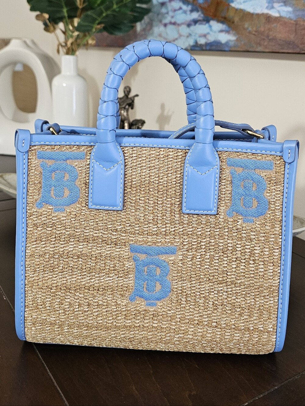 Burberry Freya TB Raffia an Leather Bag w Longstrap - AUTHENTIC